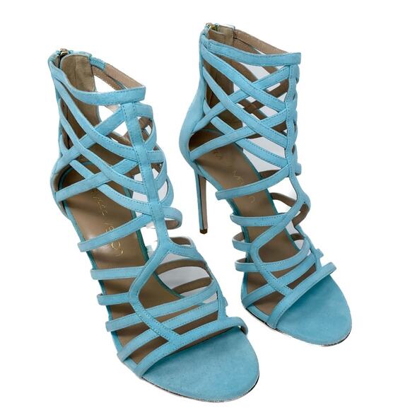Tamara Mellon aqua/turquoise suede cage strap stiletto sandals size 37.5 US7-7.5 - Picture 7 of 14